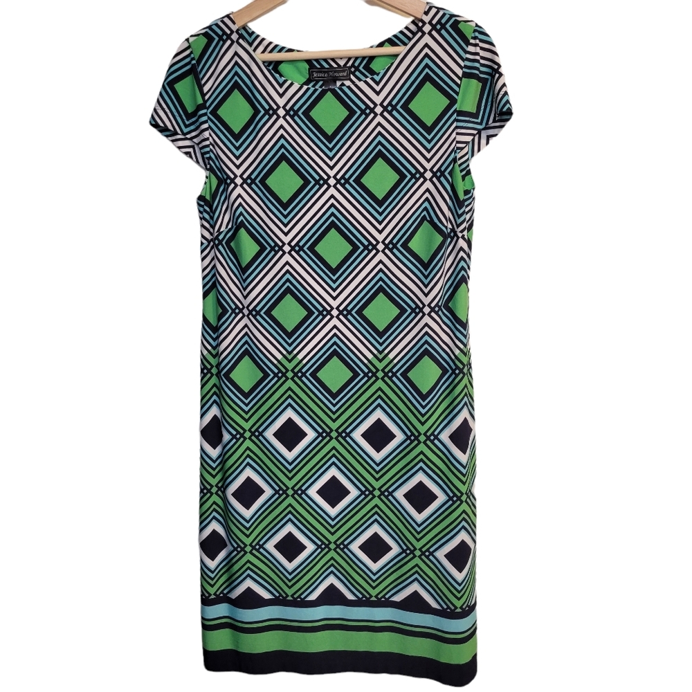 Retro Mod Green Diamonds Sheath Dress M Jessica Howard Geometric Cap Sleeves